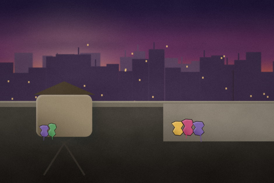 A rooftop water tower painted with a graffiti piece, city skyline at dusk.