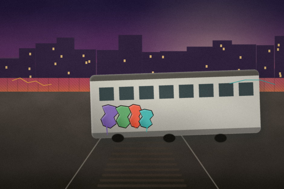 A graffiti-covered subway car at a dusk train yard, seen from trackside.