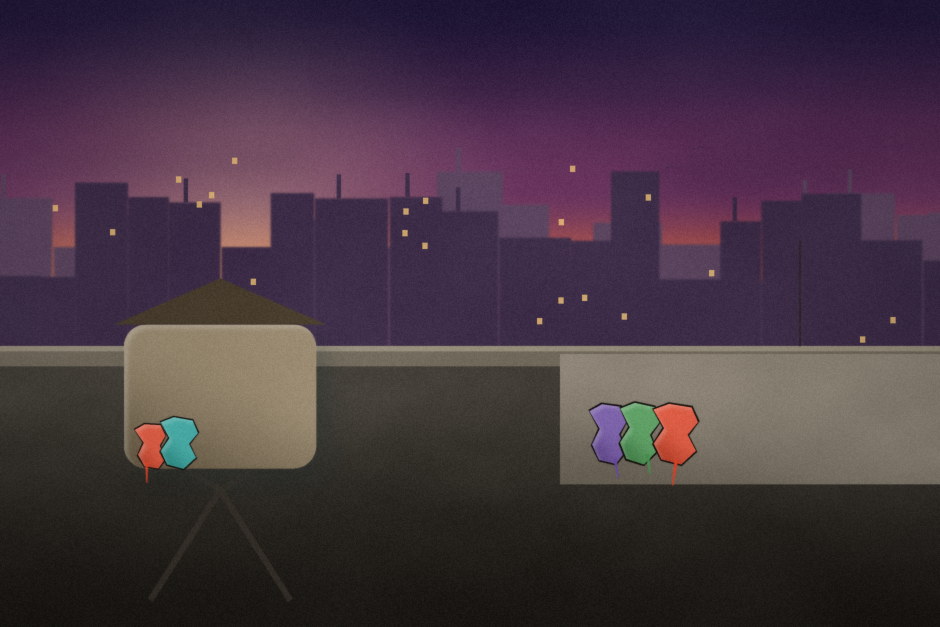 A rooftop water tower painted with a graffiti piece, city skyline at dusk.